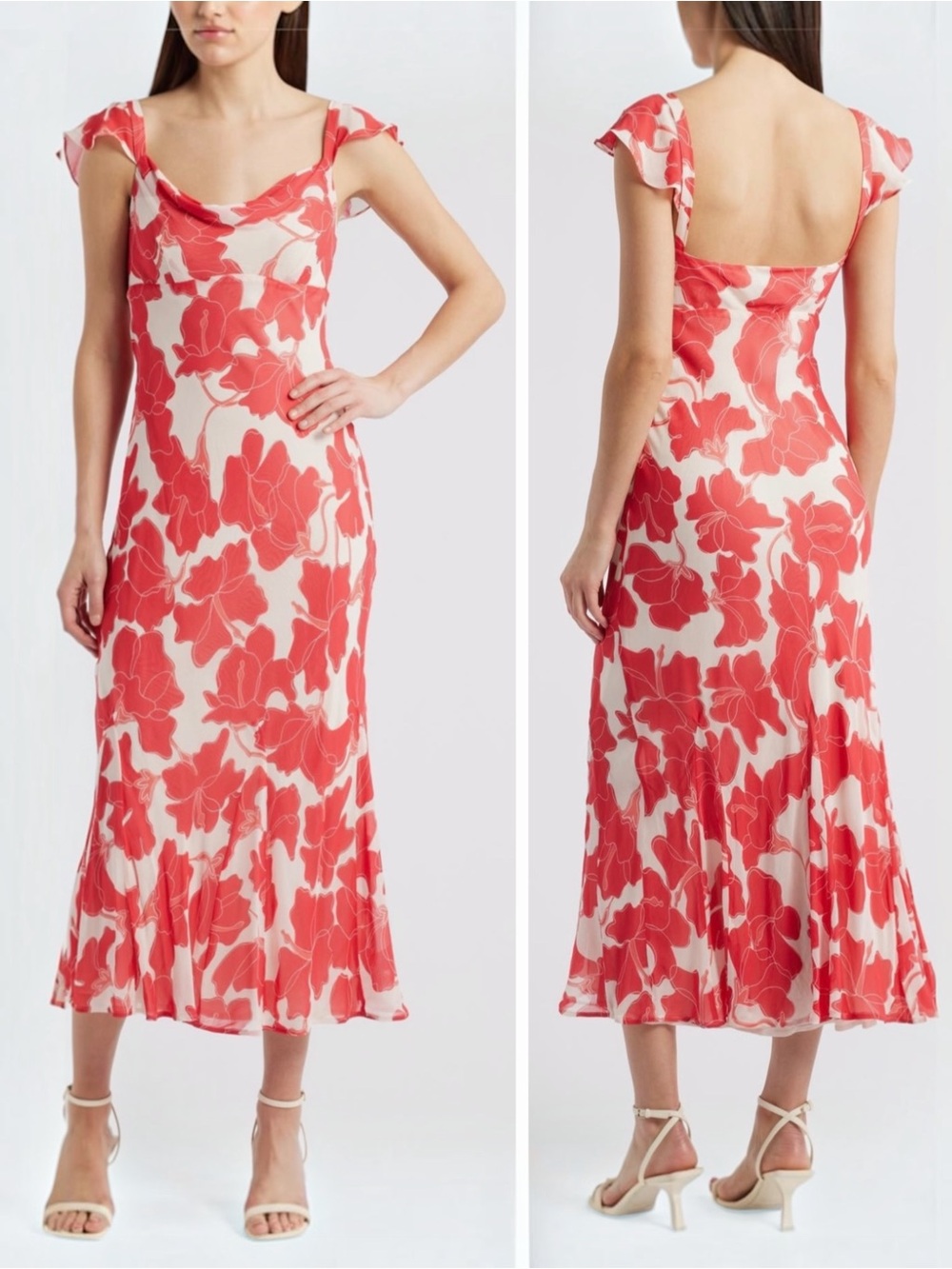 Rails Marigold Women’s Floral Chiffon Cowlneck Flutter-Sleeve Midi Dress XSmall